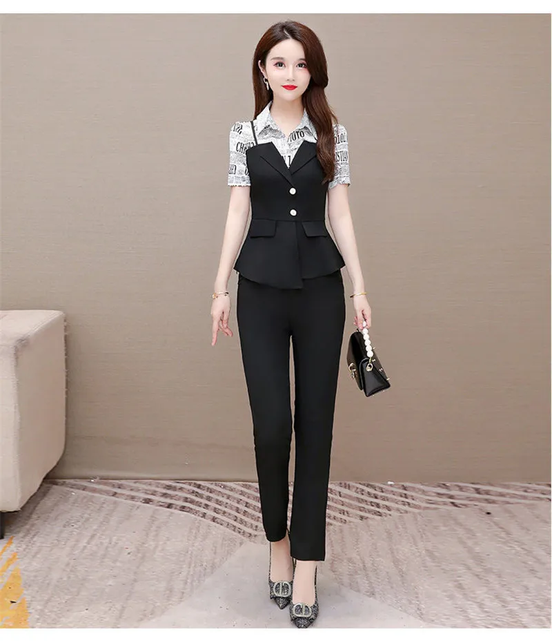 Women Pants 2-Piece Set 2021 Female Spring Summer Slim Suit Lady Blouse +Plus Size Wide Leg Pants Office Ladies Sets 3XL H242 coord sets women