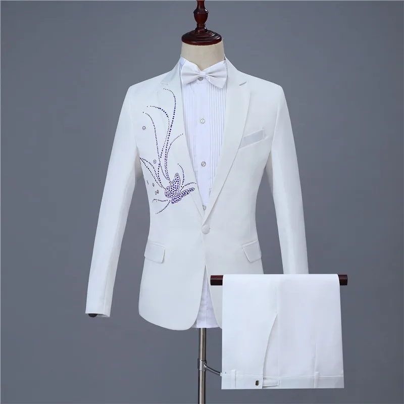Белая серия мужской деловой костюм вечеринка, свадебный банкет 2 шт лацканы Бабочка Форма Украшенные Тонкий комплект повседневной одежды пальто+ брюки