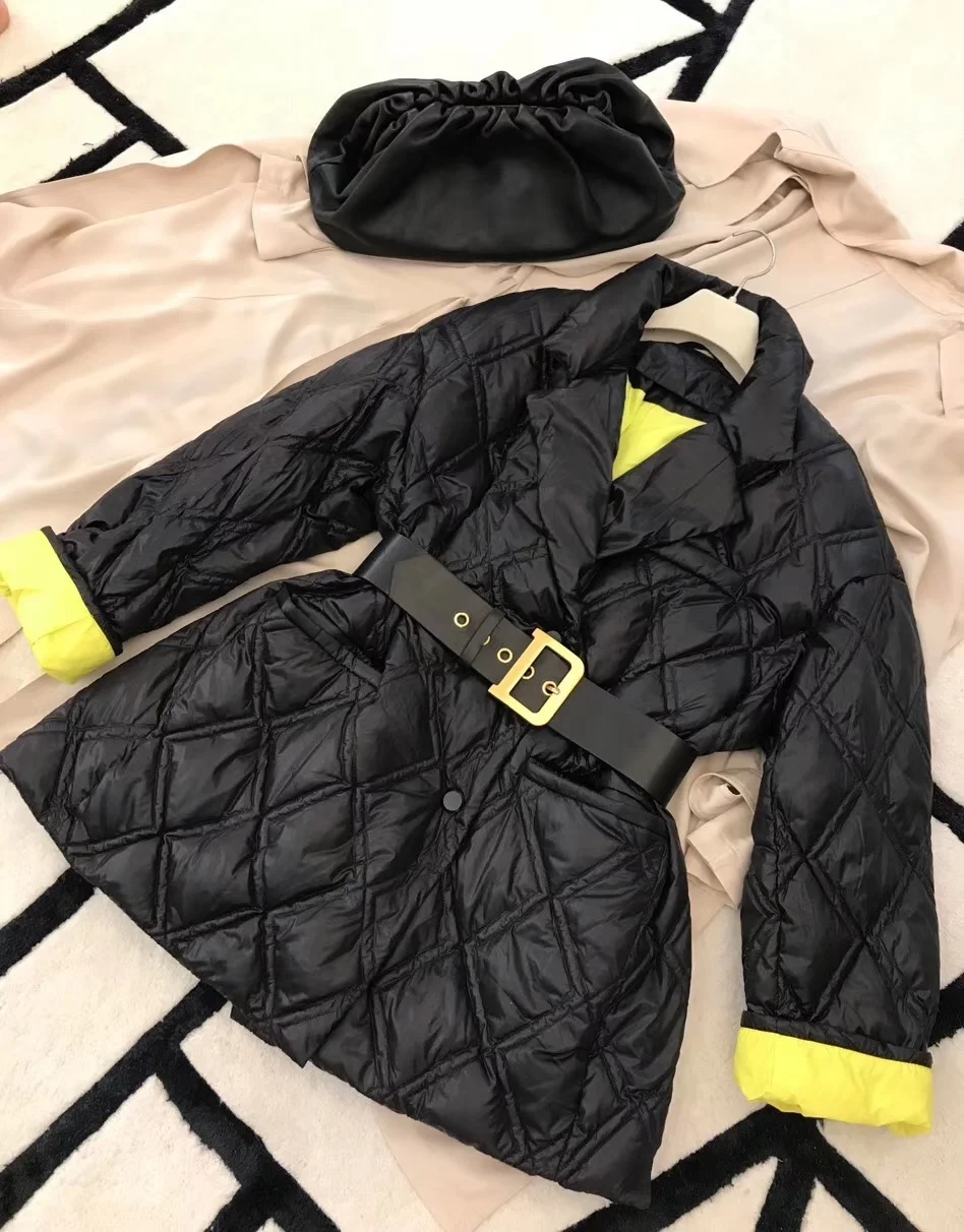 

2019 new ladies high quality fashion long-sleeved lapel solid color belt down jacket 0929