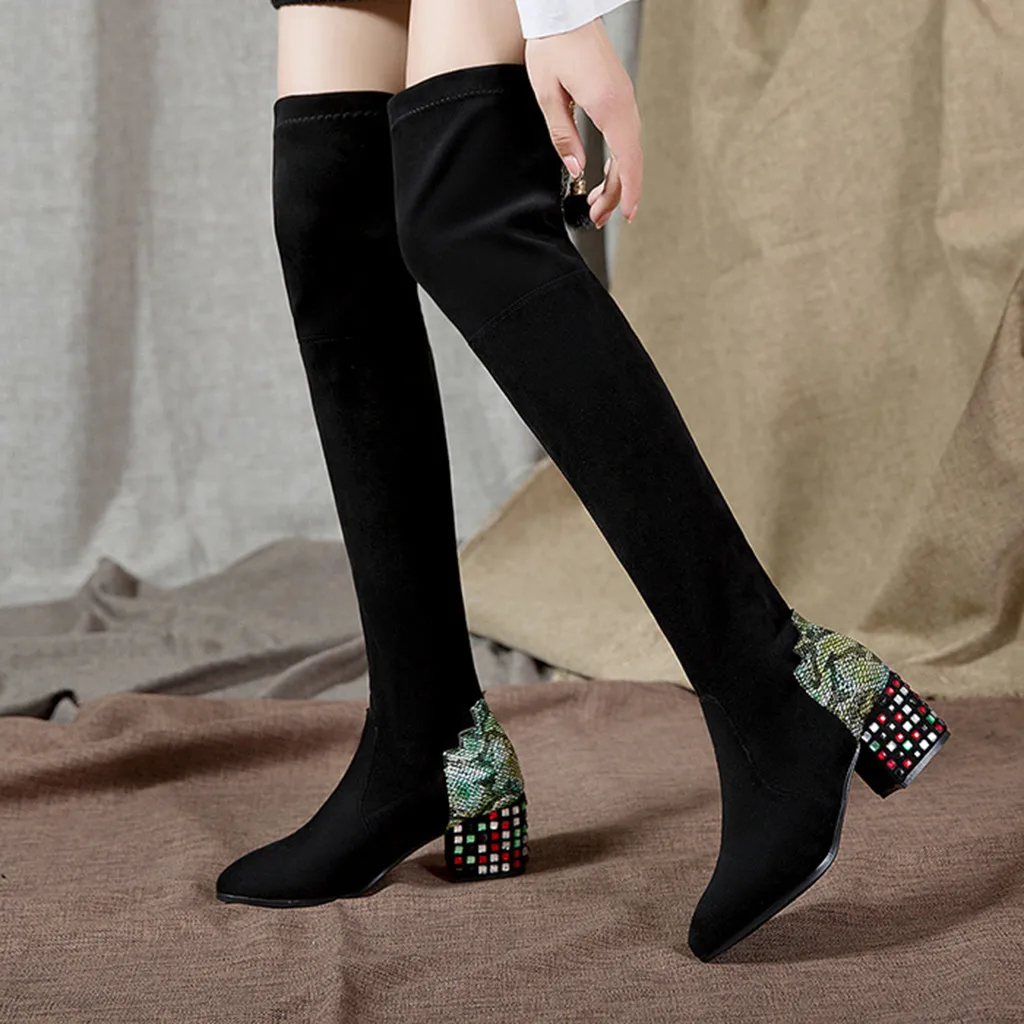 

Rhinestone Versatile Thigh High Boots Long Tube Snow Boots Women's Over The Knee Boots Suede Autumn Winter Keep Warm Botas Mujer