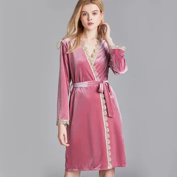 

Sexy Velvet Bride Wedding Robe Lace Trim Sleepwear Bathrobe Female Kimono Gown Loose Lounge Nightgown Soft Intimate Lingerie