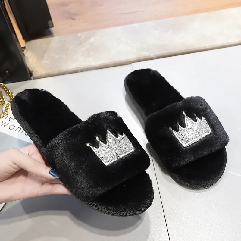 

Winter Home Slipper Plush Sequined Womens Fur Slippers Big Size Pantufa Crown Indoor Warm Fluffy Flat Shoes Lady 2019 T108