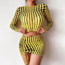 

Y-L 2021 Autumn Dot Print Two Piece Sets Women Sexy Mesh O Neck Long Sleeve Tops and Shirring Asymmetrical Bodycon Skirts