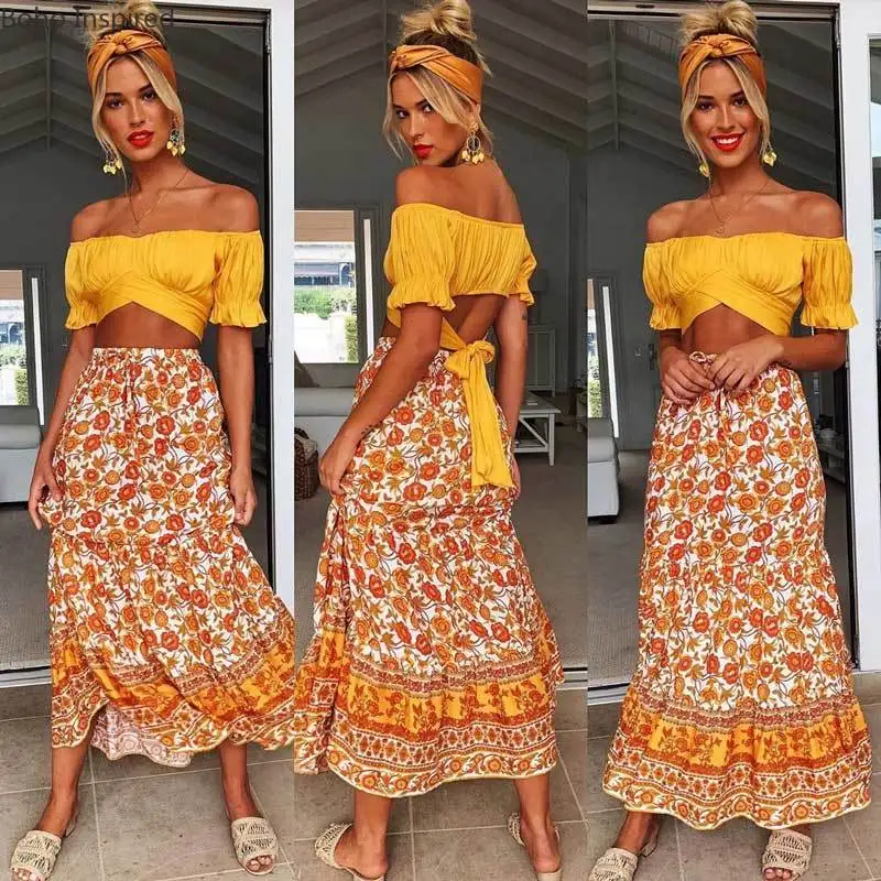 2020 Womens Elastic Long Skirts Boho Color Block Slit Side Casual Summer Skirt Rayon Boutique Women Clothing Hot Sale | Женская одежда