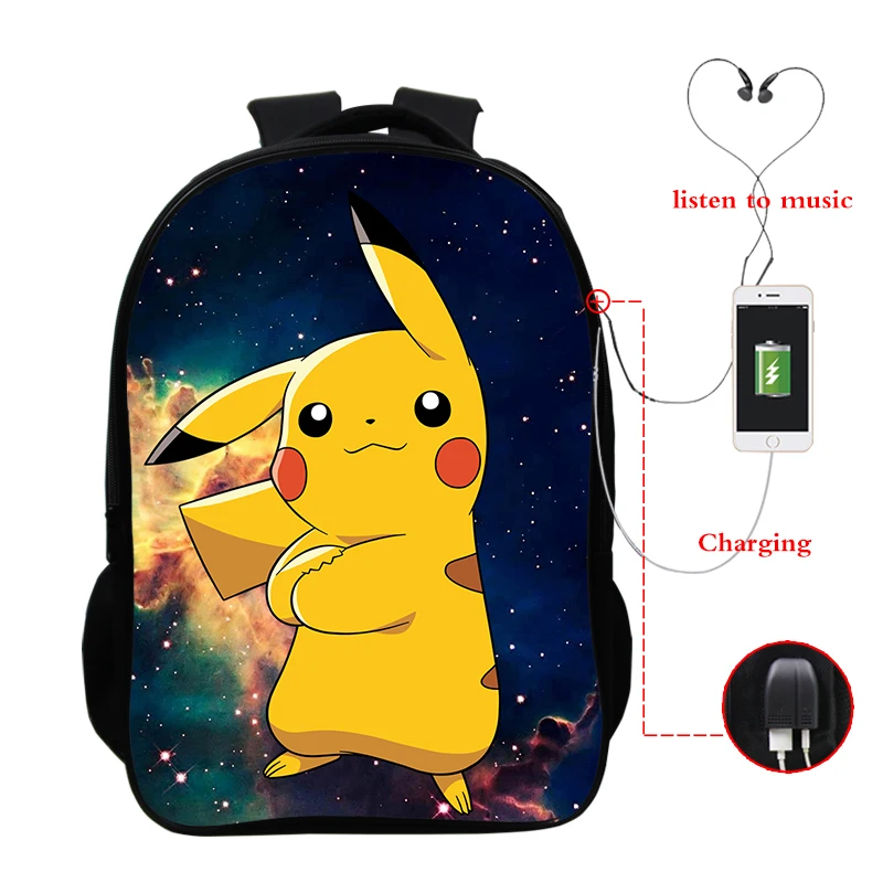Galaxy Pikachu, школьный рюкзак, сумка, 3d принт, 16 дюймов, зарядка через Usb, рюкзак для колледжа, студентов, рюкзаки, Покемон, школьный рюкзак, Sac A Dos