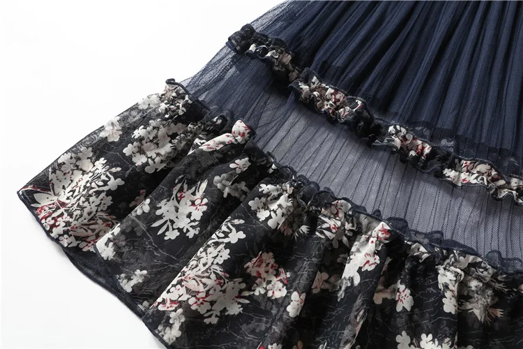 Mesh Patchwork Print Dress Pleated Short Sleeves Knee-Length O-Neck Women Dresses Autumn Plus Size Floral Elegant Dress