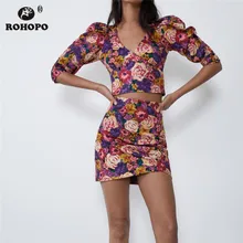 ROHOPO Цветочная мини-юбка с высокой талией спереди драпированная боковая застежка-молния градиентная Дамская шикарная набивная мини-юбка Falda#9896