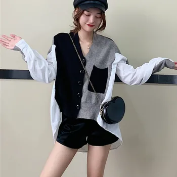 

Fashion Desigan Women Sweaters Single Breasted Cardigans Lady Casual Loose Patchwork Sweater Tops