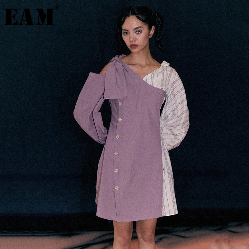 

[EAM] Women Contrast Color Striped Split Temperament Dress New V-eck Long Sleeve Loose Fit Fashion Tide Spring Autumn 2019 1D934
