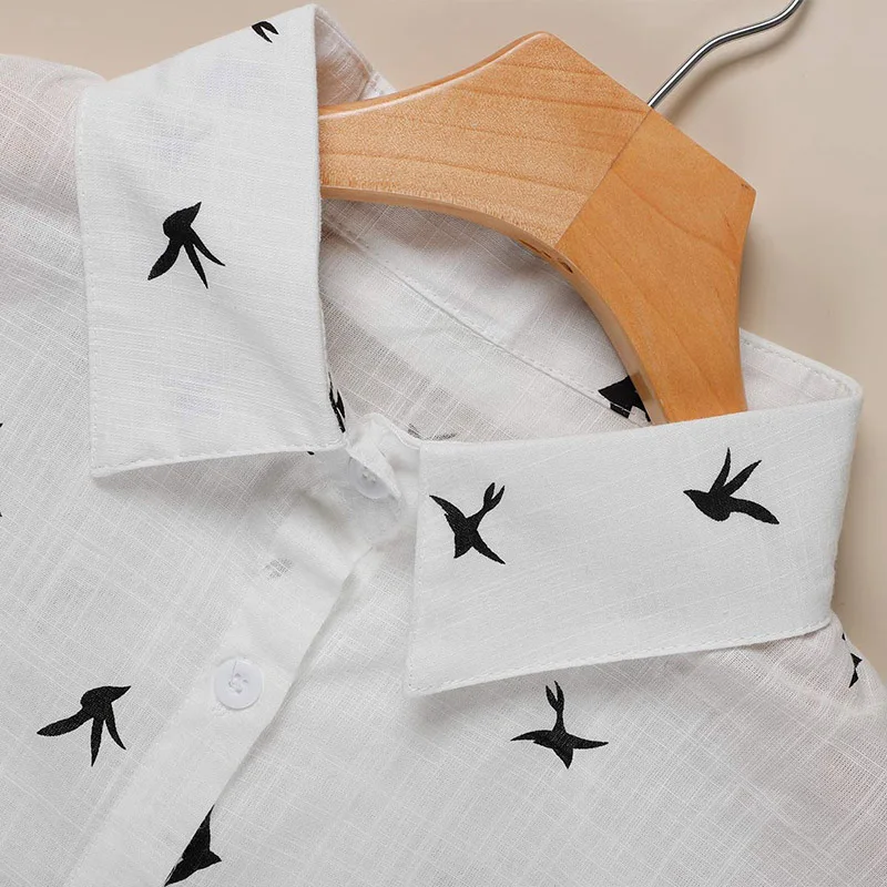 Women's Birds Print Shirts 35% Cotton Female Tops 2020 New Fashion Spring Summer Loose Casual Ladies Shirt Plus Size 5XL