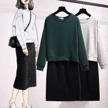 

Women Fall Winter Plus Size Casual Two Piece Set Pullover Top And Split Midi Skirt Set Female Long Sleeve Suit