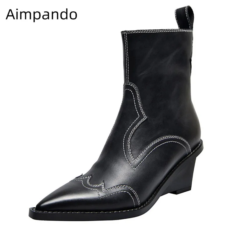 

Wedges Heel Boots Women Point Toe Decor Sewing Bottes Side Zip Patchwork British Botas Solid Black Retro Ankle Boots Women 2020