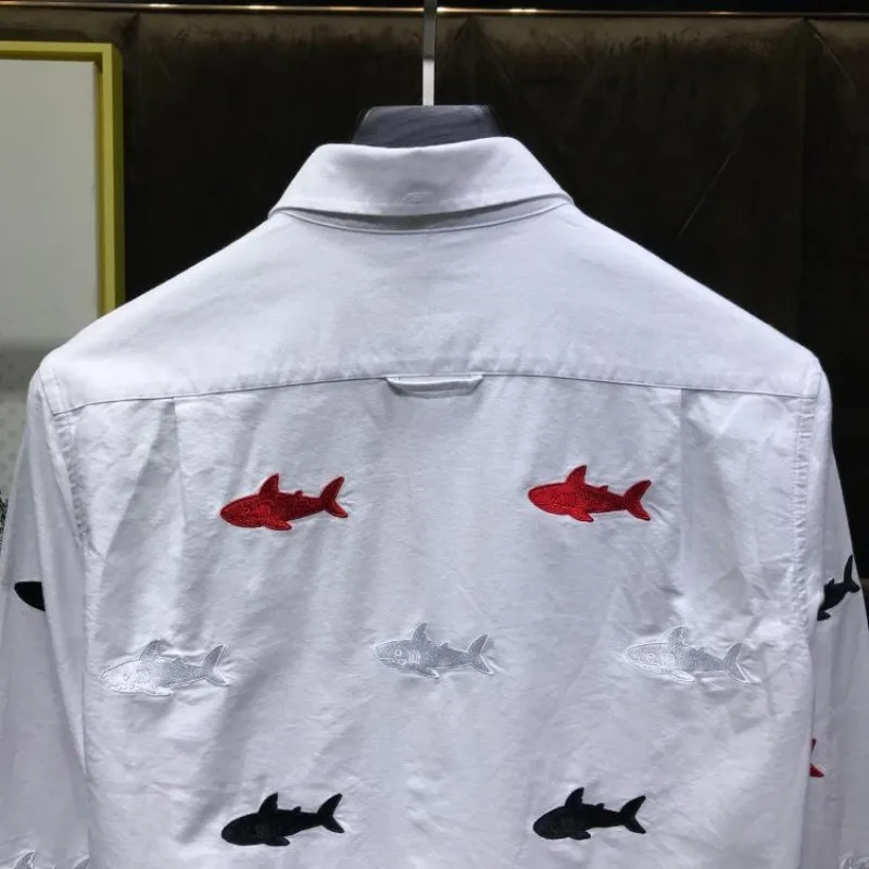 

Fashion Spring New Long Sleeve Mens Shark Printed Casual Shirts Office Party Man Tops Tees Cotton Breathable Solid Shirt