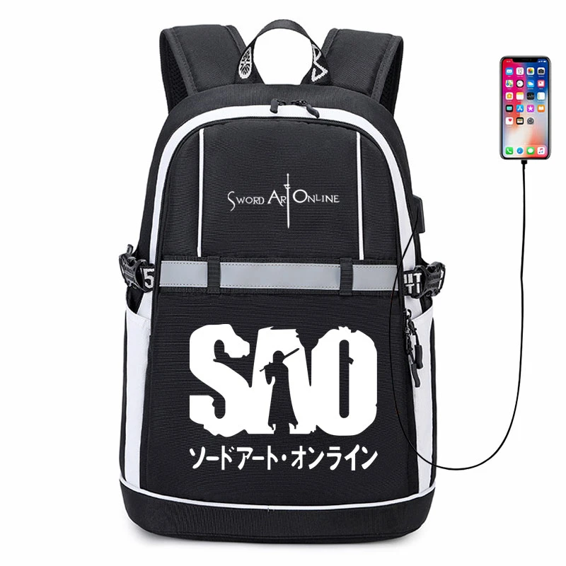 Mochila con diseño de Sword Art Online para mujer, morral escolar con rayas reflectantes, estilo Oxford, con USB, Anime, Cosplay de Saint Kirito, de viaje|Mochilas|