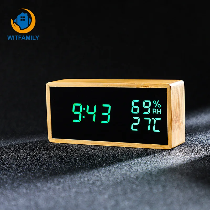 

New LED Digital Clock Temperature and Humidity Alarm Clock Creative Electronic Clock Voice Alarm Clock Solid Wood Clock