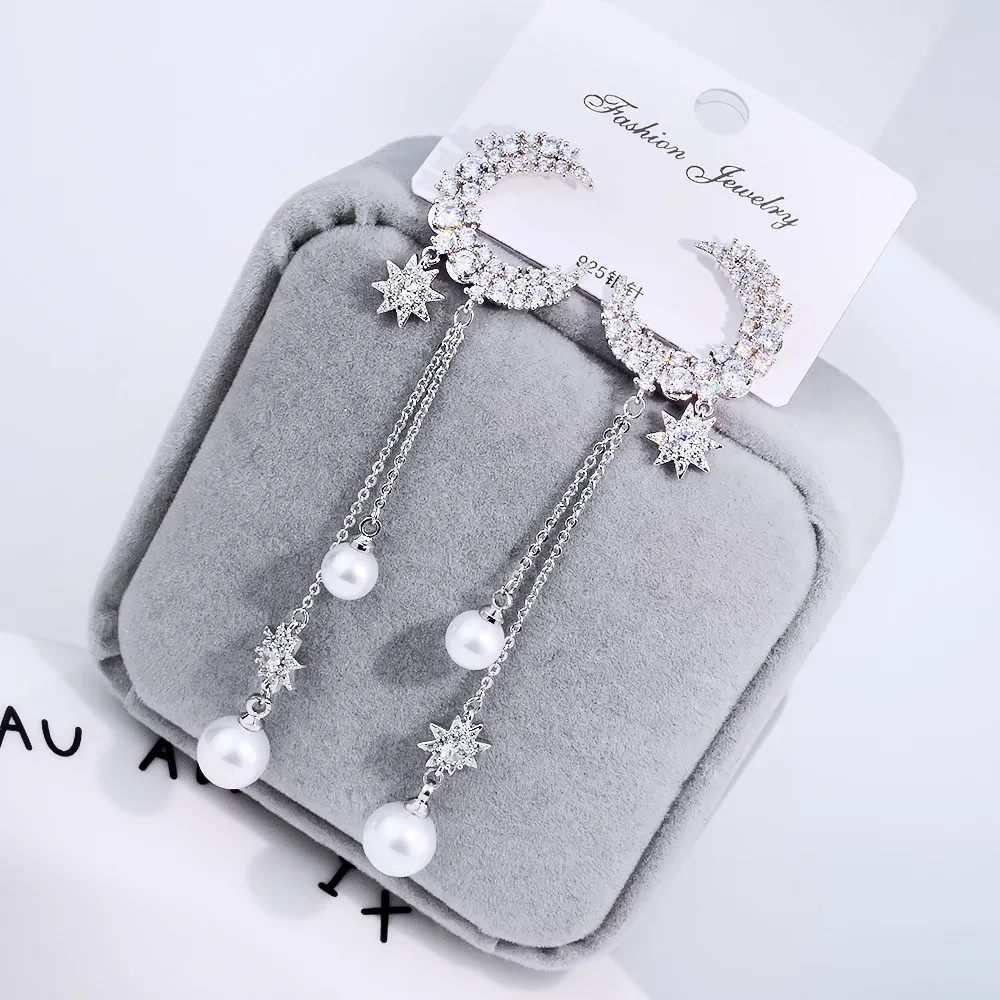

YUN RUO Ladies Pave Zircon Stone Moon Star Pearl Stud Earring S925 Silver Pin Hypoallergenic Woman Fashion Jewelry Drop Shipping