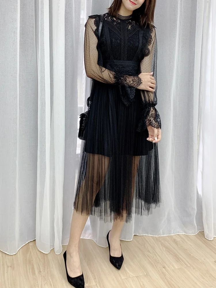 Новейшее дизайнерское модное платье, осень, сексуальные вечерние женские платья с аппликацией, кружевное лоскутное платье с длинным рукавом, серое черное Сетчатое платье Vestidos