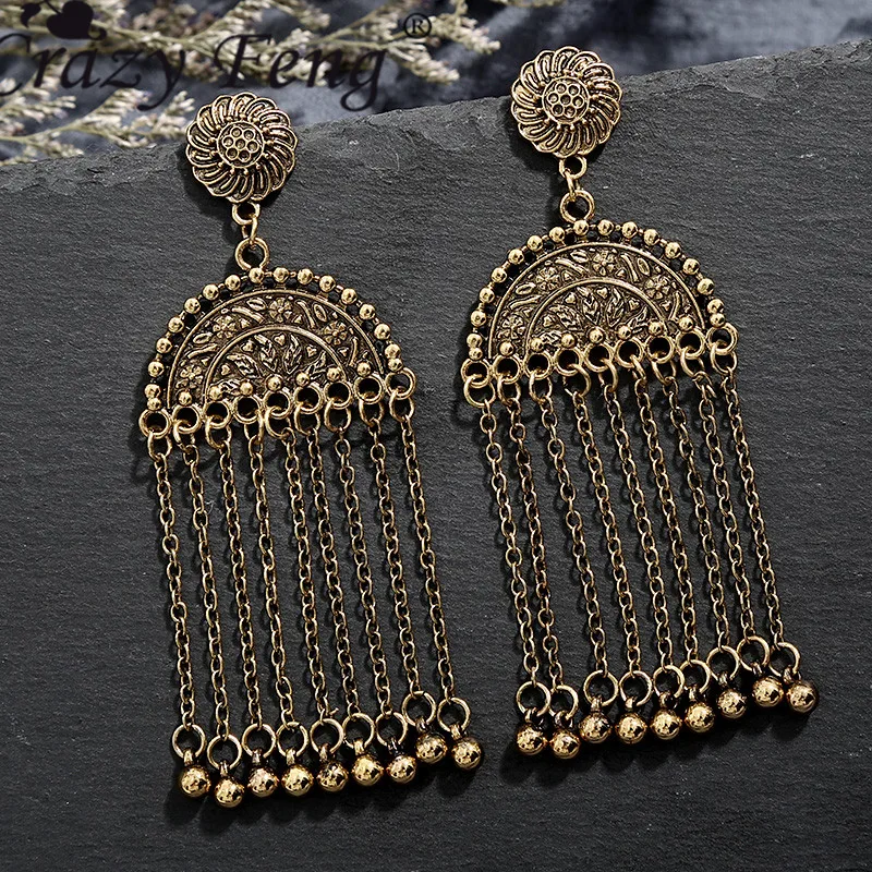 

Crazy Feng Vintage Handmade Metal Long Tassel Drop Earrings for Women Bell Dangling Hanging Earrings Statement Gyspy Jewelry