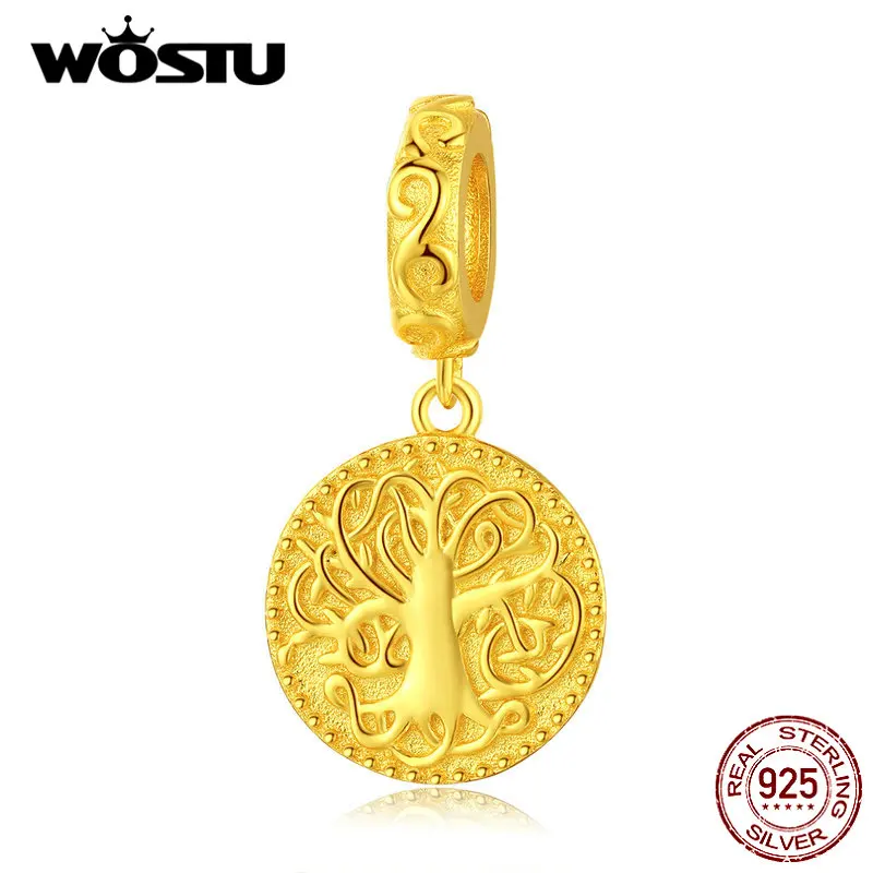 

WOSTU Tree of life Charms 925 Sterling Silver Gold Color Beads Fit Original Bracelet Pendant For Women Fashion Jewelry CQC1346