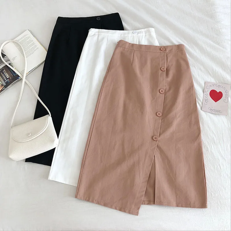 2020 Spring Summer New Style Button Skirt Irregular Slit-Front High-waisted Single Breasted Casual Medium-length | Женская одежда