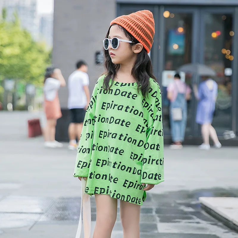 green Новинка года, осенняя футболка для маленьких девочек Детская Свободная рубашка хлопковые топы для маленьких девочек, футболка для отдыха с буквами#5384 - Цвет: green