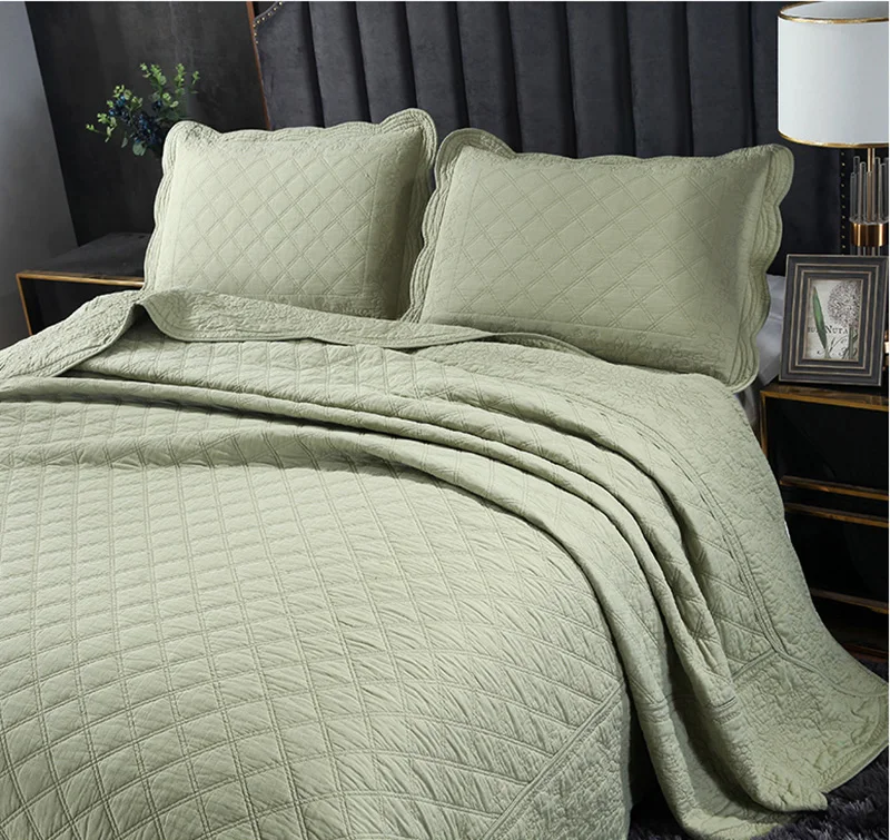Solid Cotton Quilt Set 3PCS Embroidered Bedspread Quilted Coverlet Bed cover sheets Pillowcase King Queen Size Blanket CHAUSUB