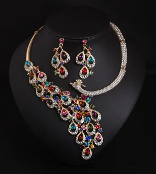 

Luxury Peacock Bridal Jewelry Sets Colorful Crystal Necklace and Earrings Sets for Women Wedding Jewelry Set Conjunto De Joyas
