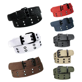 

New Canvas Web Belt Two Hole Grommets Black Metal Roller Buckle Men Women