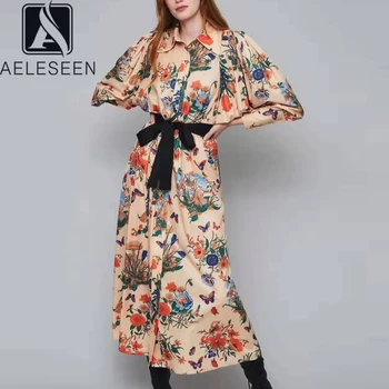 

AELESEEN Spring Autumn Dresses Woman Party Night 2020 Runway Fashion Long Sleeve Flower Print Pink Elegant Shirt Dress Vestidos