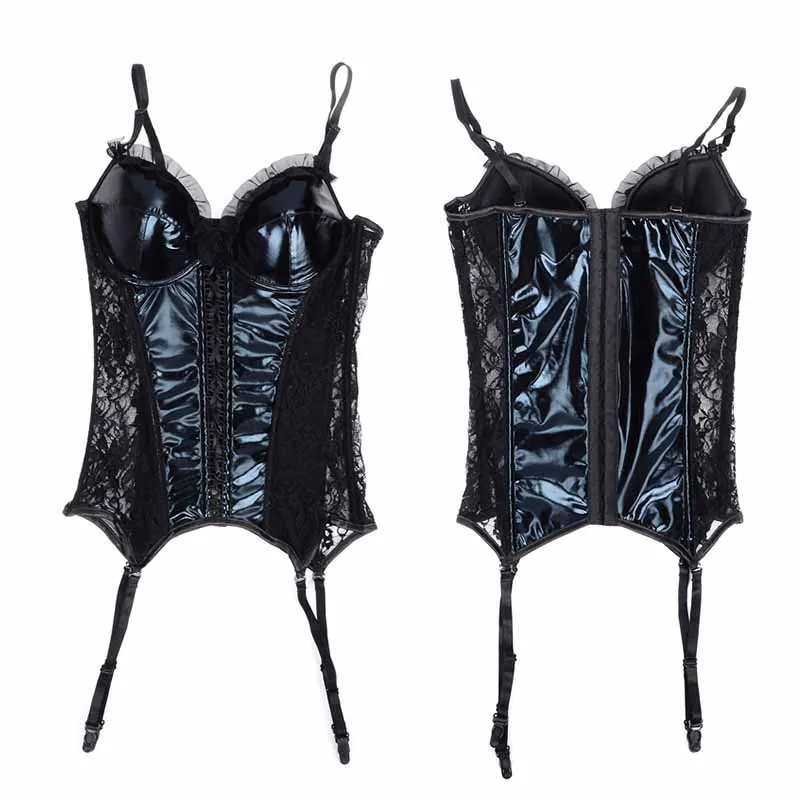 Sexy Gothic Women Steampunk Corselet Black Wetlook Pvc Leather Push Up Lingerie Bustier Underbust Corset Tops Lace Underwear (6)