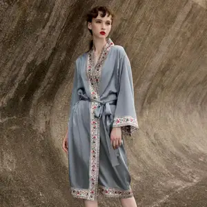 Ночная рубашка женская из 100% шелка миди кимоно платье пикантный цветочный изысканный Халат Свободный Свадебный халат с принтом ночная рубашка Неглиже
