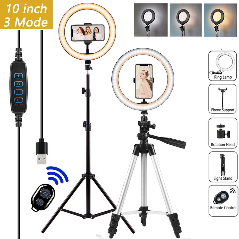 

10" LED Selfie Ring Light Trepied Phone Stand Holder Tiktok Circle Fill Light Dimmable Lamp Makeup Photography RingLight Tripod