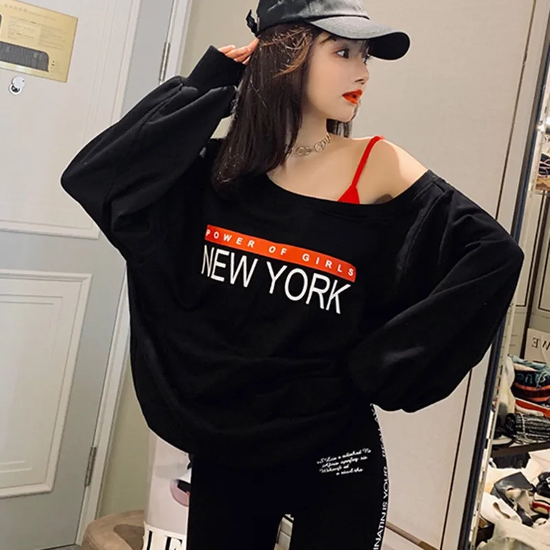 

Fashion Loose Letter Print Sweatshirt Women BF Lazy Style Long Sleeve Sweatshirts Ladies Fake two Pullover 2020 New