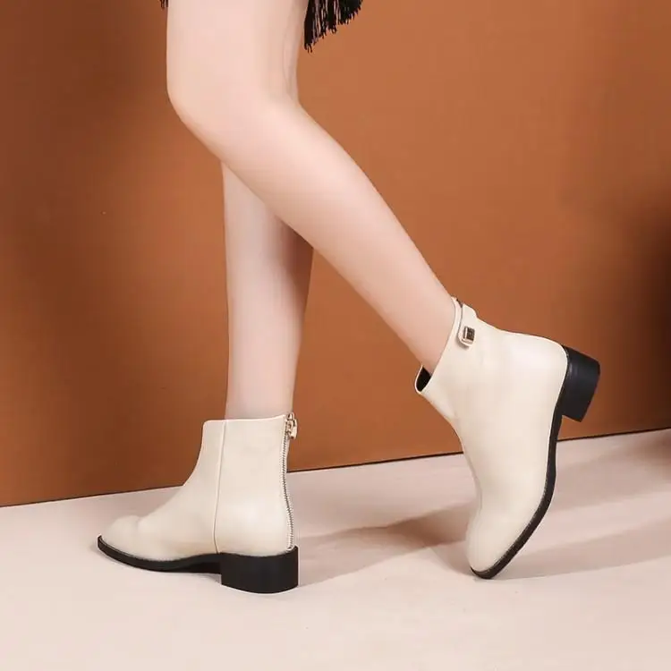 

2009 Winter Shoe Nude Boots Pure Square Head Thick heel Zipper Martin Boots Head Layer Cowhide 3cm