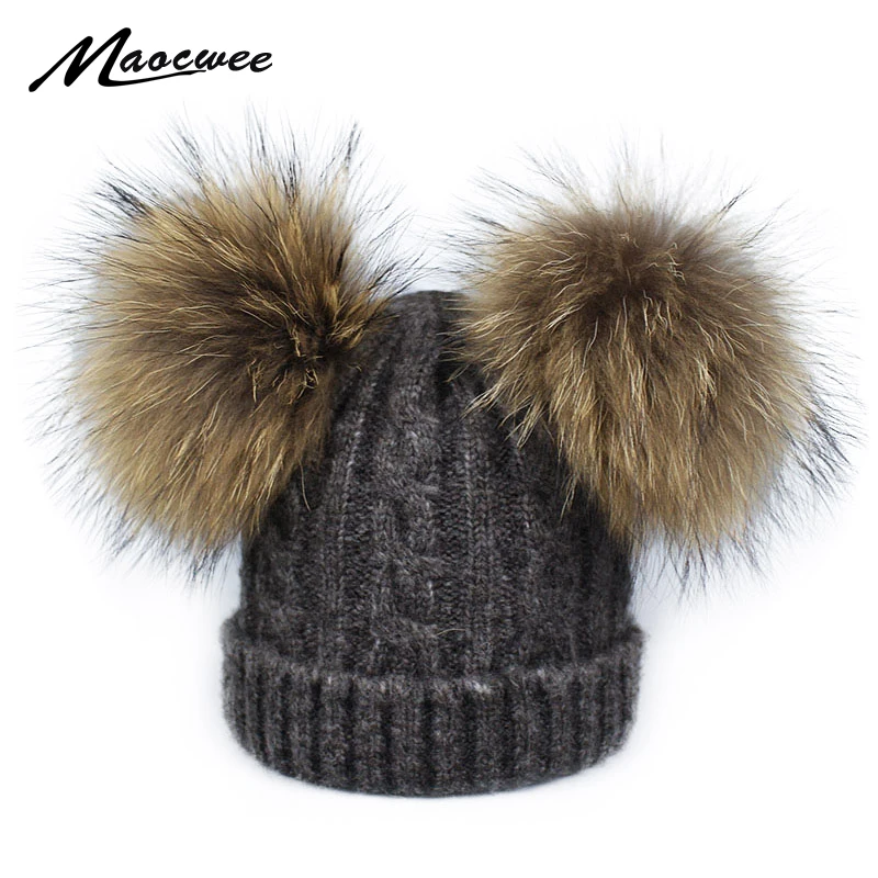 

Children Hats Beanies Pompom Hat Crochet Knitting Winter Warm Wool Skulies Cap Boy Girl Kid Solid White Caps Raccoon Fur