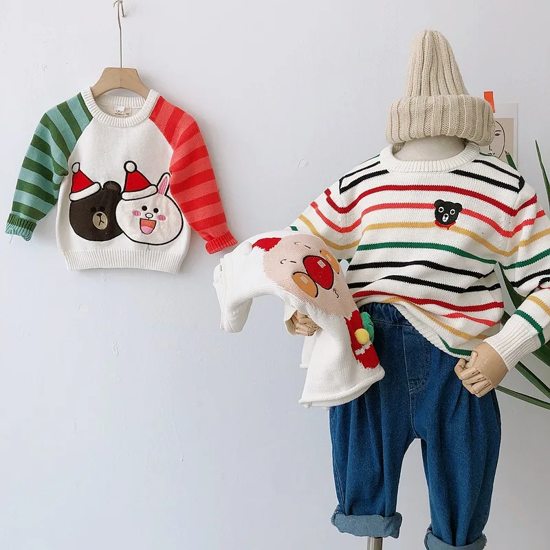 

INS Childrenswear Autumn Kids' Sweater Cartoon Bear Rabbit Mixed Colors Western Style Boys' Knitting Top Pullover 2019 New