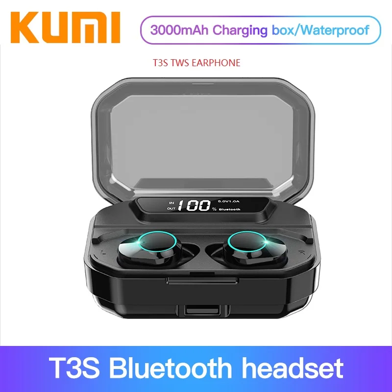 

2019 KUMI T3S Bluetooth 5.0 True Wireless Earphone 6D Stereo Headset IPX6 waterproof Noise Cancelling 3300mAh Charging Box Power