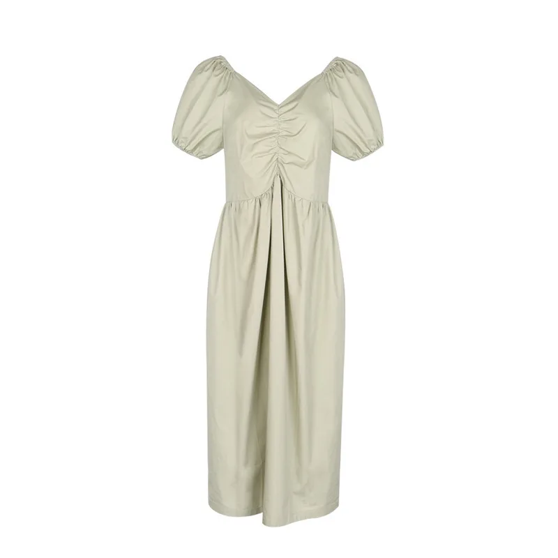 

PERHAPS U green yellow solid summer short sleeve v neck backless vintage short sleeve midi dress D1252