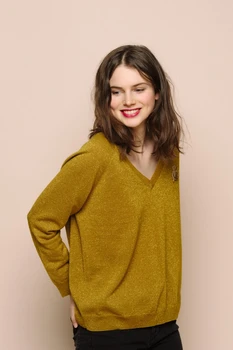 

pull abango bronze V-neck pullover with long sleeves Merino wool lurex round neck women's knitted sweater