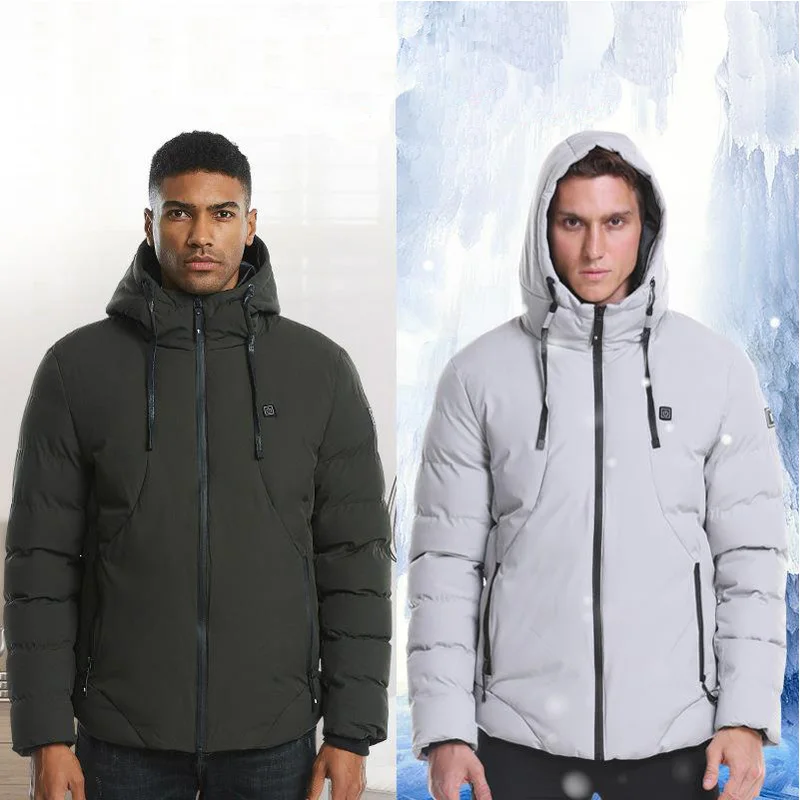  Men's Winter Outdoor Intelligent USB Work Hooded Heating Jacket Coats Adjustable Temperature Contro
