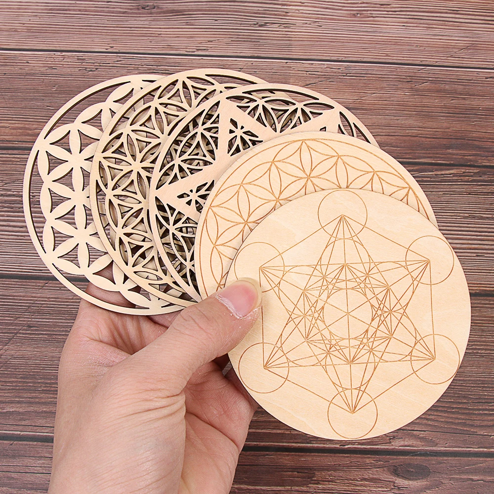 Coaster Decor Stone-Crystal-Set Chakra Natural-Symbol Wood Round Flower-Of-Life Edge-Circles