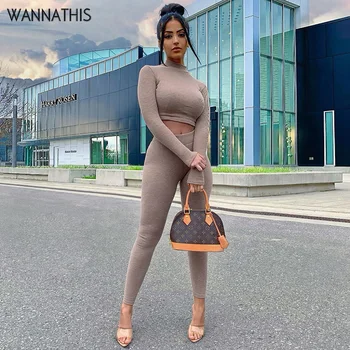 

WannaThis Two-piece Women Long Sleeve Crop Top and Full Length Pants Autumu Elastic Waist Casual Slim Backless Streetwear Sets