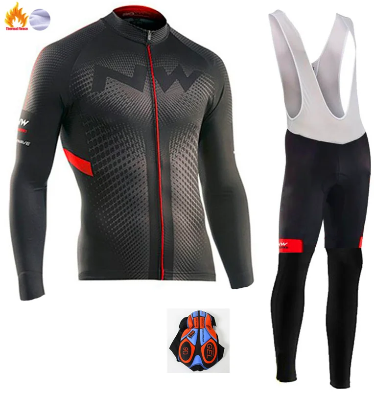 Northwave Winter thermal fleece Cycling Clothes NW men's Jersey suit outdoor riding bike MTB clothing warm Bib Pants set - Color: Winter Cycling Suit