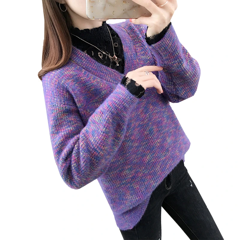 

2020 Autumn Winter Imitation Mink Velvet Sweater Jumpers Ladies Lace Turtleneck Sweater Fashion Fake Two Knitted Sweaters Tide
