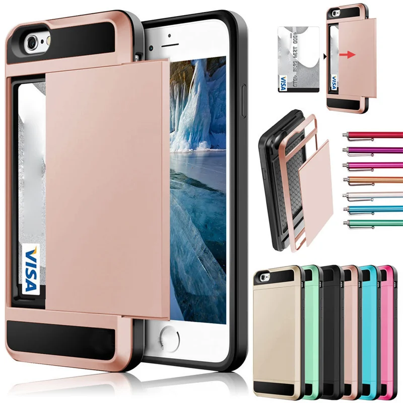 Armor Slide Card Case For iphone 11 12 Pro Max X XS XR Rugged Hybrid Wallet Card Slot Holder