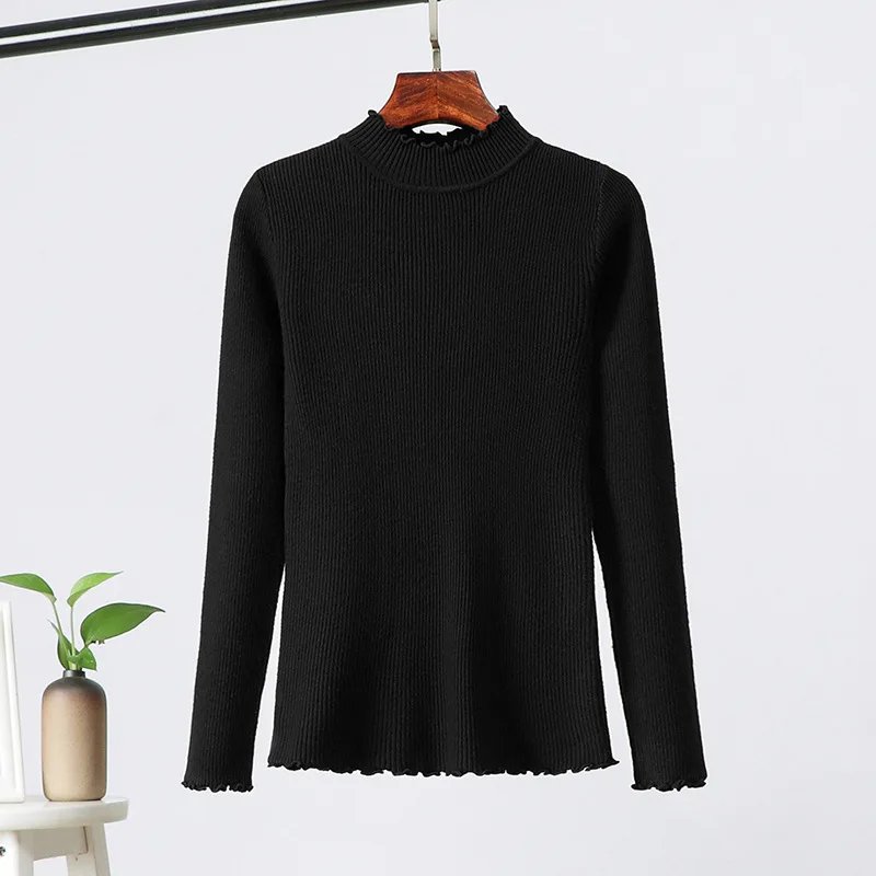 

Autumn Winter Women Sweater Knitted Elasticity Casual Candy Slim Ruffle Bottoming Female Sweaters pink blue black dropshipping