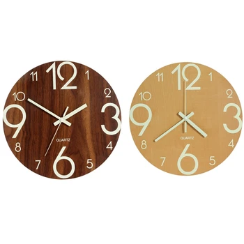 

Luminous Wall Clock,12 Inch Wooden Silent Non-Ticking Kitchen Wall Clocks With Night Lights For Indoor/Outdoor Living Room Bedro