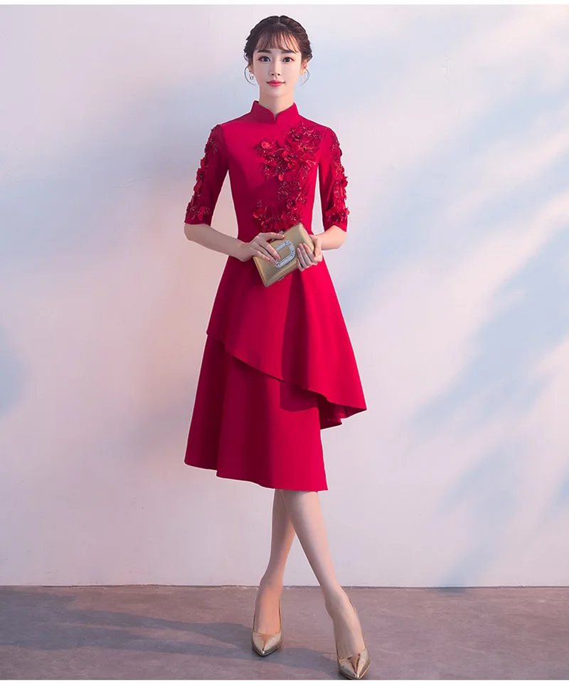 Новая одежда для невесты, китайское традиционное свадебное платье cheongsam на весну и лето, красное платье средней длины, китайское платье с открытой спиной, Женская юбка