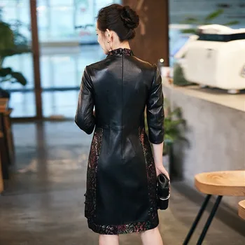 

Elegant autumn women's printed sheepskin suit sheepskin skirt leather collar gold collar women's long sleeve