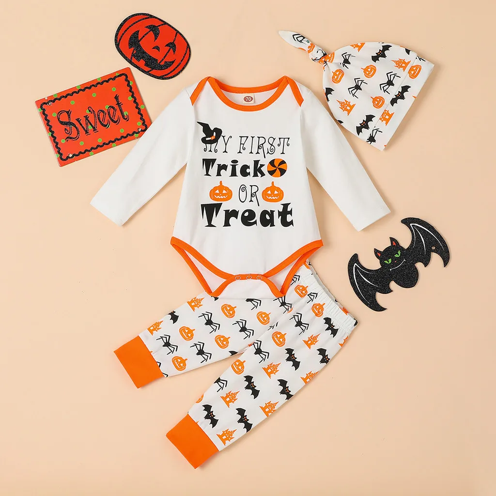 festival-wear children clothing-set costume Newborn Infant Baby Boys Girls Letter Romper Pants Hat Halloween 3pc Outfits Set